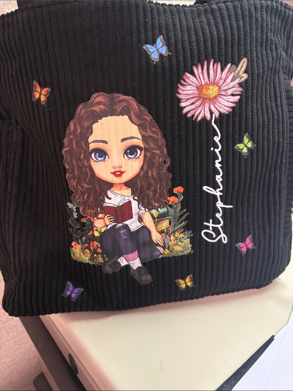 Black Corduroy Tote with Cute Girl & Floral Graphic